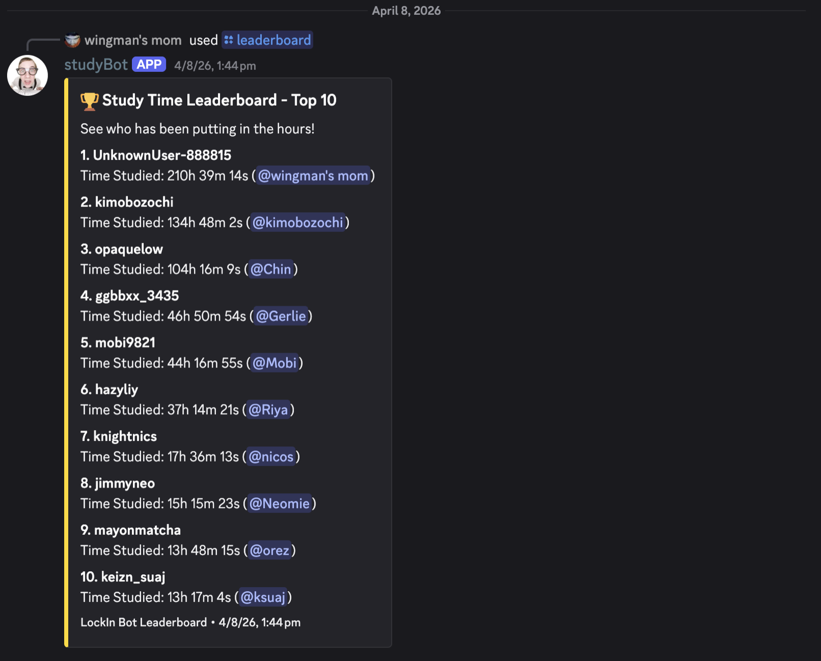 studyBot Study Time Leaderboard Top 10 embed, wingman's mom at 210 hours
