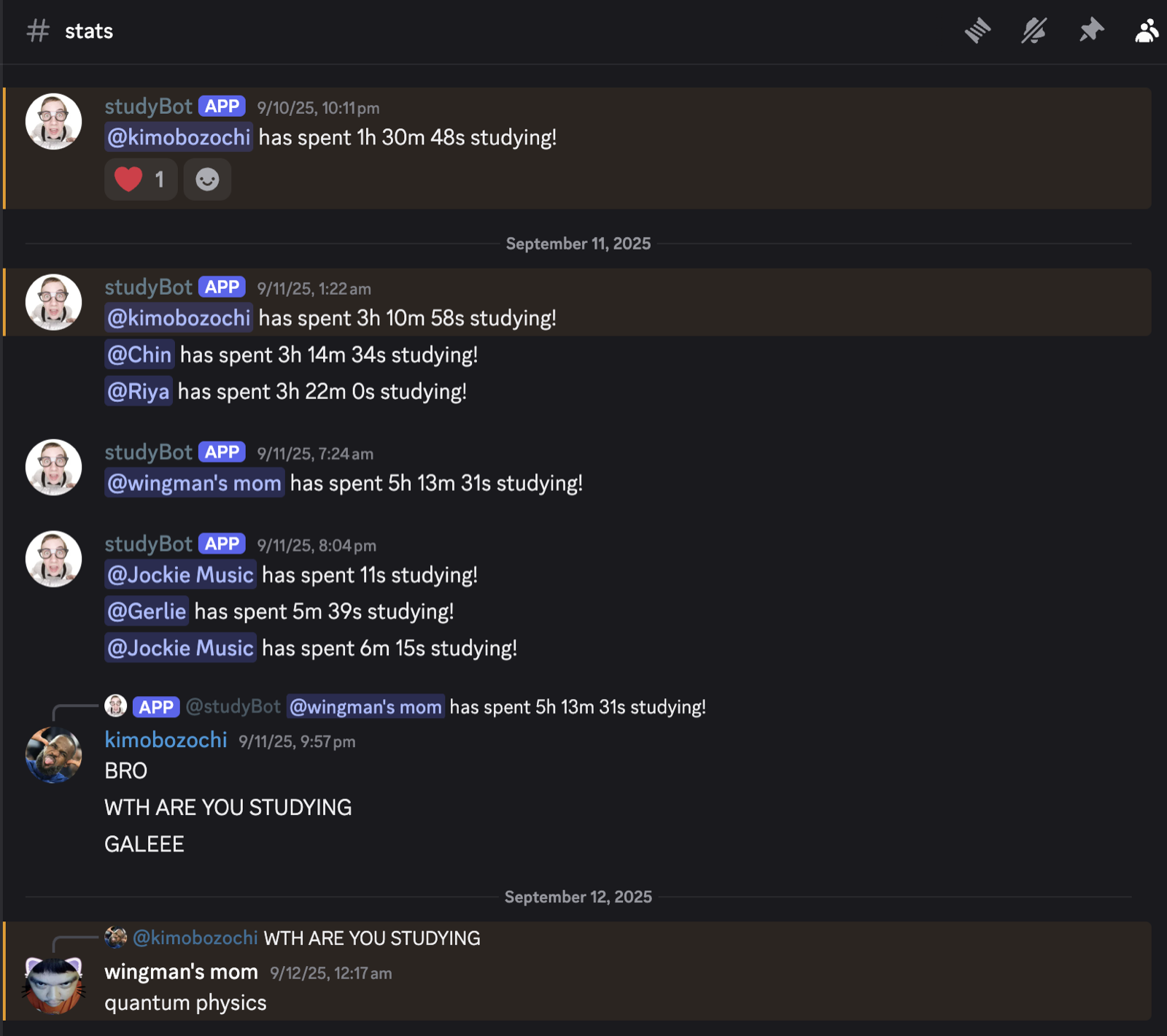 studyBot logging multi-hour sessions at 1:22 AM, including wingman's mom at five hours, and my reply in the channel