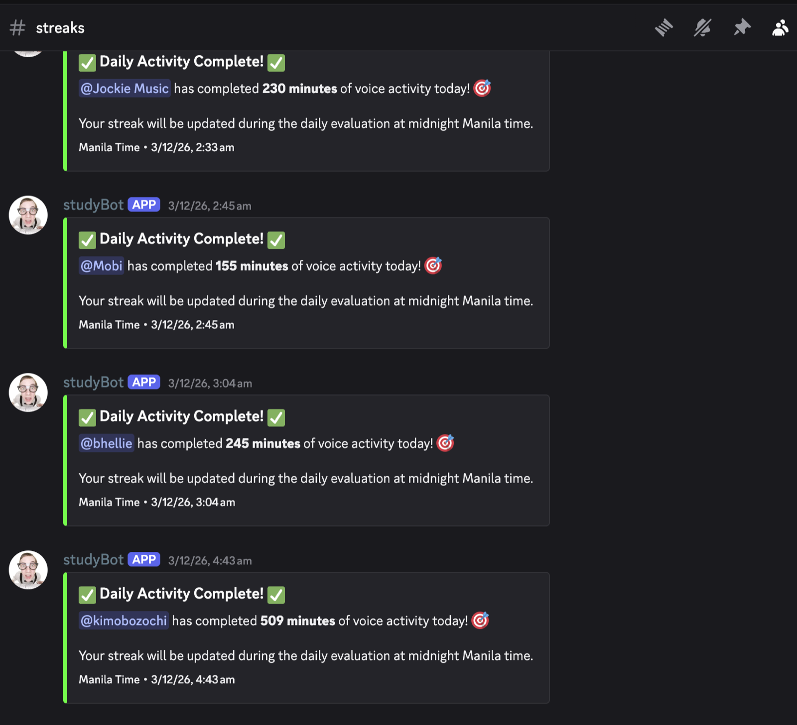 studyBot daily activity complete streak embeds around 2-3 AM Manila time